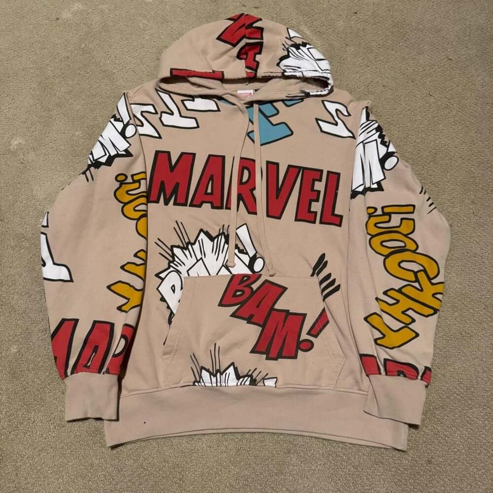 Marvel Comic All Over Print Hoodie Size XL Tan
